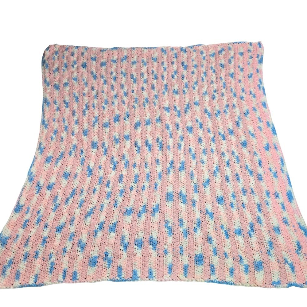 Handmade Crochet Baby Blanket Pink Blue White Striped Knit Nursery Throw 38x40